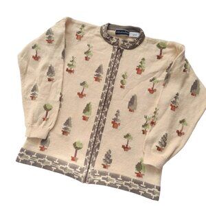 Christine Foley Tree Print Cardigan L XL Vintage Heavy Cotton Sweater